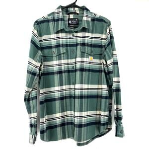 Carhartt Unisex Green Plaid Soft Cotton Flannel Button Front Collared Shirt‎ (M)